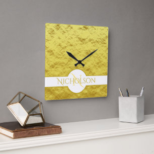 Elegant Newlywed Monogram Custom Name Gold Texture Square Wall Clock