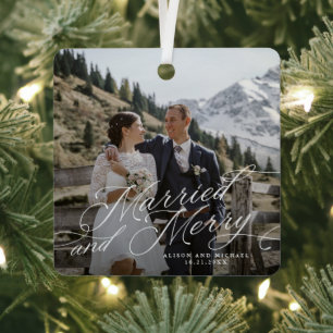 Elegant Newlywed Photo Married and Merry  Metal Or Tree Decoration