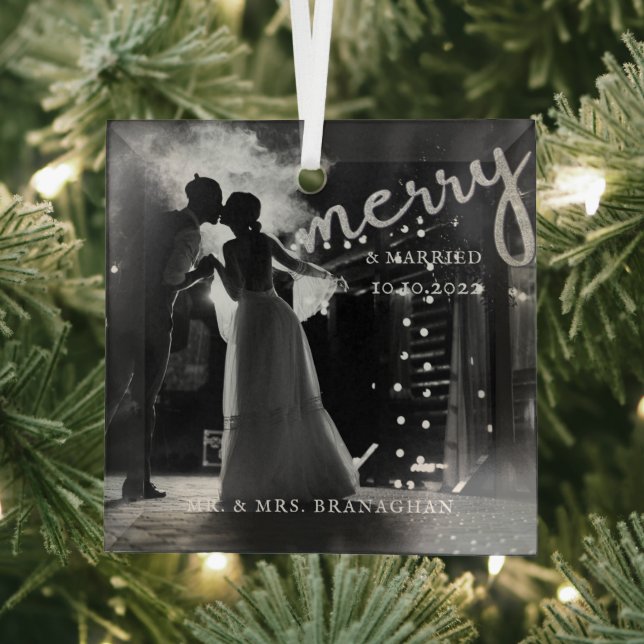 Elegant Newlywed Photo Merry and Married Glass Tree Decoration (Insitu)