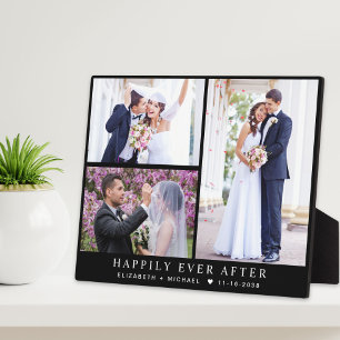 Elegant Newlyweds 3 Photo Collage Black Wedding Plaque