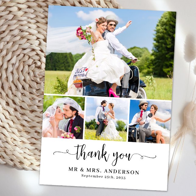 Elegant Newlyweds Custom 4 Photo Collage Wedding Thank You Card (Creator Uploaded)
