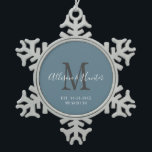 Elegant Newlyweds Established Blue Monogram Name<br><div class="desc">Give a perfect keepsake with this Elegant Newlyweds Established Blue Monogram Name Snowflake Pewter Christmas Ornament. It is a modern customisable design in dusty blue, white and grey. Bride and groom's first names are on the centre in modern white handwriting script lettering and initial of new last name is in...</div>