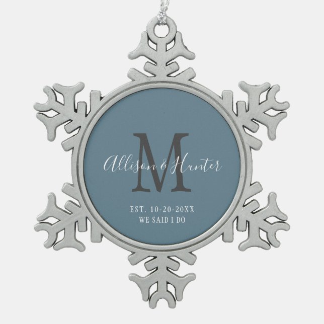 Elegant Newlyweds Established Blue Monogram Name Snowflake Pewter Christmas Ornament (Front)