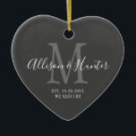 Elegant Newlyweds Established Monogram Name Heart Ceramic Tree Decoration<br><div class="desc">Give a perfect keepsake with this Elegant Newlyweds Established Monogram Name Heart Ceramic Ornament. It is a modern customisable design in dark grey, white and light grey. Bride and groom's first names are on the centre in modern white handwriting script lettering and initial of new last name is in grey....</div>