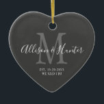 Elegant Newlyweds Established Monogram Name Heart Ceramic Tree Decoration<br><div class="desc">Give a perfect keepsake with this Elegant Newlyweds Established Monogram Name Heart Ceramic Ornament. It is a modern customisable design in dark grey, white and light grey. Bride and groom's first names are on the centre in modern white handwriting script lettering and initial of new last name is in grey....</div>