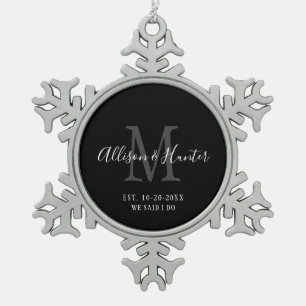 Elegant Newlyweds Established Monogram Name Snowflake Pewter Christmas Ornament