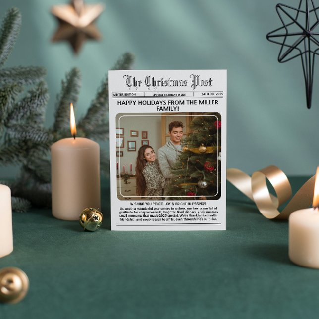 Elegant Newsletter Modern Photo Collage Christmas  Holiday Card (newspaper elegant year in review black and white classic vintage unique classic fun modern)