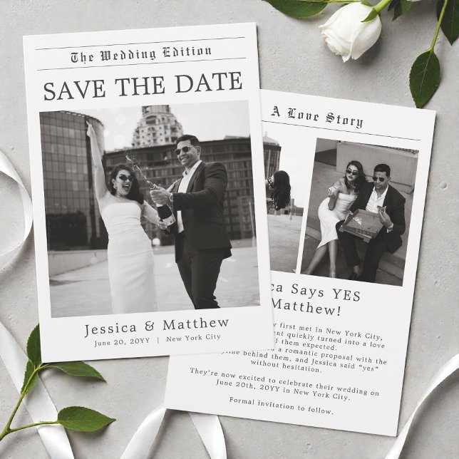 Elegant Newspaper Black and White Photo Wedding Save The Date (Elegant Newspaper Black and White Photo Wedding Save The Date)