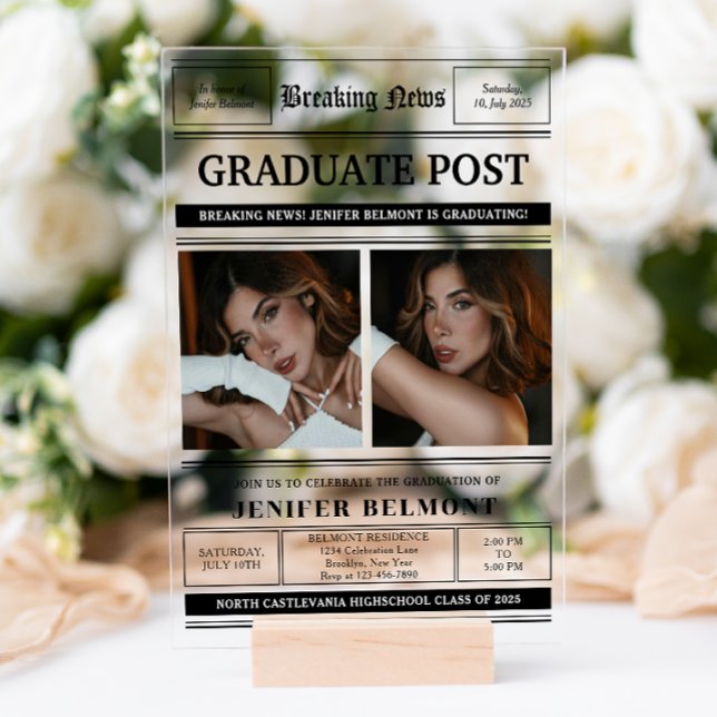 Elegant Newspaper Themed 2 Photo Graduation Party Acrylic Invitations (Creator Uploaded)
