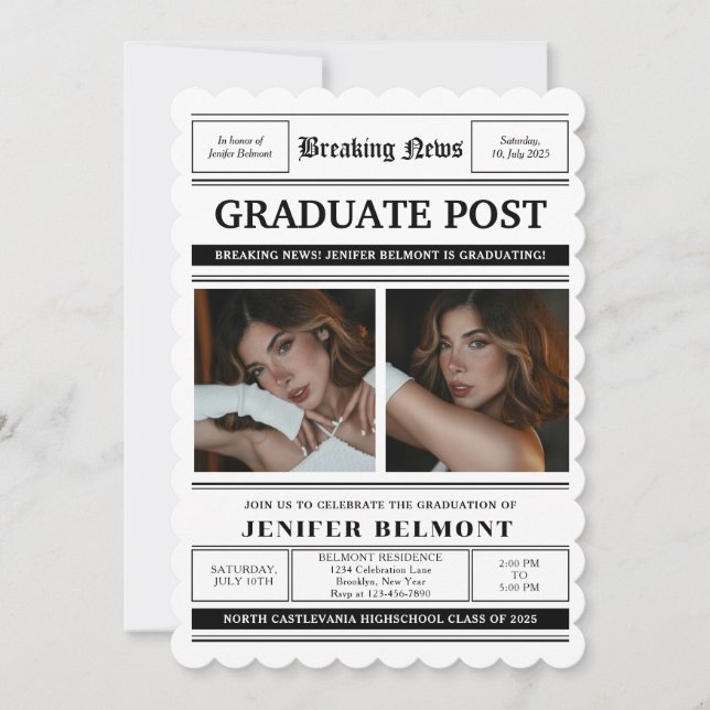 Elegant Newspaper Themed 2 Photo Graduation Party Invitation (Front)