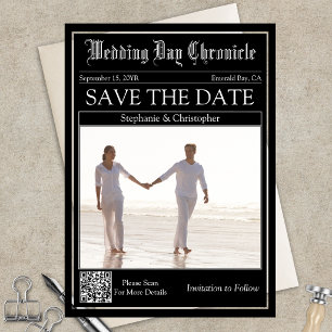 Elegant Newspaper Wedding QR Code Save the Date Acrylic Invitations