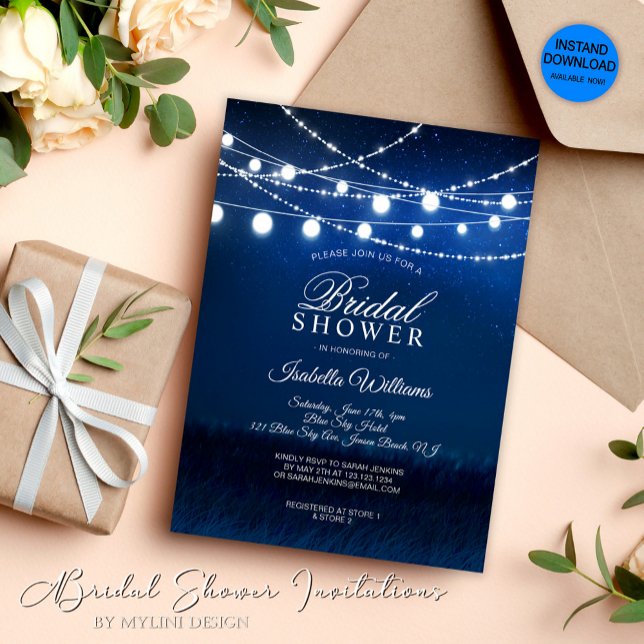 Elegant Night Blue Sky String Lights Bridal Shower Invitation (Creator Uploaded)
