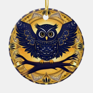 Elegant Night Owl Illustration Ceramic Tree Decoration