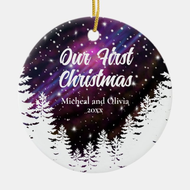 Elegant night starry sky pine trees personalise ceramic tree decoration (Front)