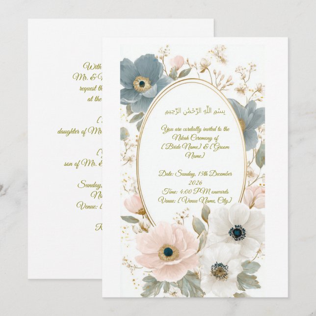 Elegant  Nikah Invitation Card with Bismill (Front/Back)