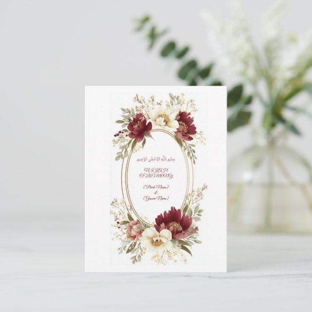 Elegant Nikah Save The Date Postcard - Maroon Flor (Standing Front)
