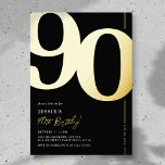 Elegant Ninety 90th Birthday Party Foil Invitation<br><div class="desc">Real foil black and gold 90th birthday party invitations featuring the number '90' in a large bold serif font,  and a modern invite template that is easy to personalise.</div>