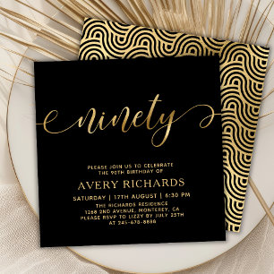 Elegant Ninety Gold Script Black 90th Birthday Invitation