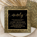 Elegant Ninety Gold Script Black 90th Birthday Invitation<br><div class="desc">Chic Elegant Black and Gold Ninety Script 90th Birthday Invitation. This modern birthday party invitation template features stylish „ninety” text in huge faux gold foil swirly handwritten calligraphy script (or typography) with swash tails, party details in gold colour on black background. At the reverse side faux gold foil swirling wave...</div>