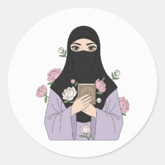 Elegant Niqabi Woman with Pink Roses and Quran - I Classic Round Sticker