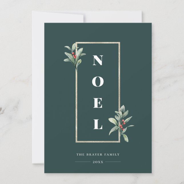 Elegant NOEL Gold Winter Berry Frame Photo Holiday Card (Front)