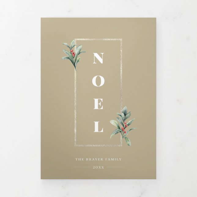 Elegant NOEL Gold Winter Berry Frame Photo Tri-Fold Holiday Card (Cover)