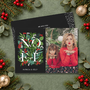 Elegant NOEL Greenery on Black Photo Holiday Card