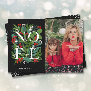 Elegant NOEL Greenery on Black Photo Holiday Card