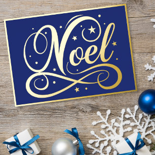 Elegant Noel Script Blue Gold Christmas