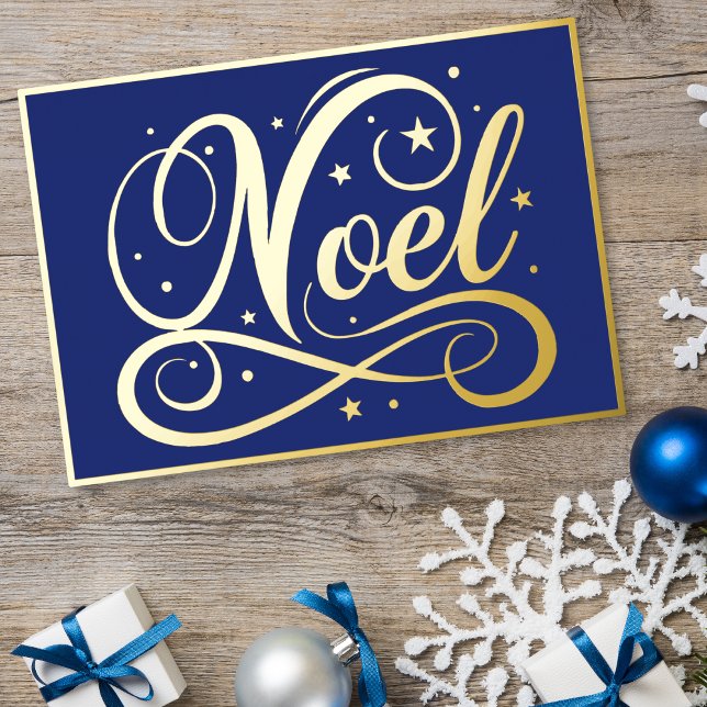 Elegant Noel Script Blue Gold Christmas (Elegant Noel Script Blue Gold Christmas Foil Holiday Card)