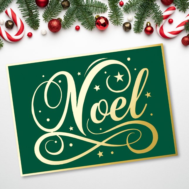 Elegant Noel Script Green Gold Christmas (Elegant Noel Script Green Gold Christmas Foil Holiday Card)
