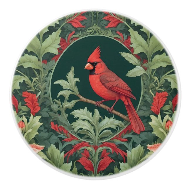 Elegant Northern Cardinal William Morris Inspired  Ceramic Knob (Front)