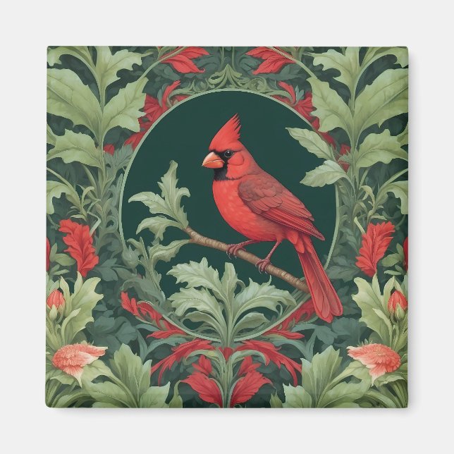 Elegant Northern Cardinal William Morris Inspired  Magnet (Front)