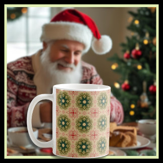 Elegant Nostalgic Green Pine Needles and Red Lace Coffee Mug