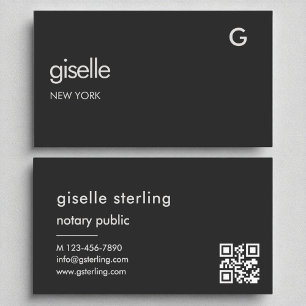 Elegant Notary Public Black QR Code Monogram Business Card