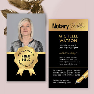 Elegant Notary Public Photo Black & Gold Business Card