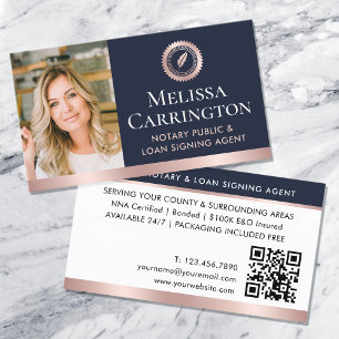 Elegant Notary Public Photo Dark Blue Rose Gold Business Card