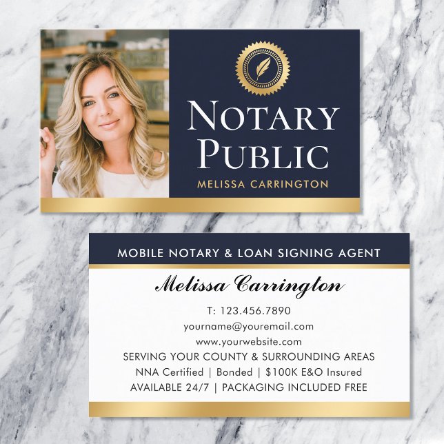 Elegant Notary Public Photo Gold Dark Blue Business Card (Creator Uploaded)