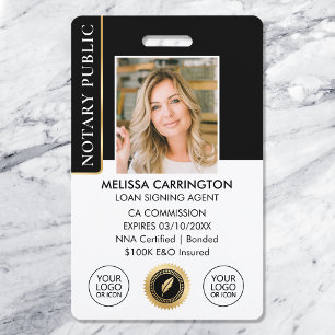 Elegant Notary Public Photo QR Black Gold ID Badge