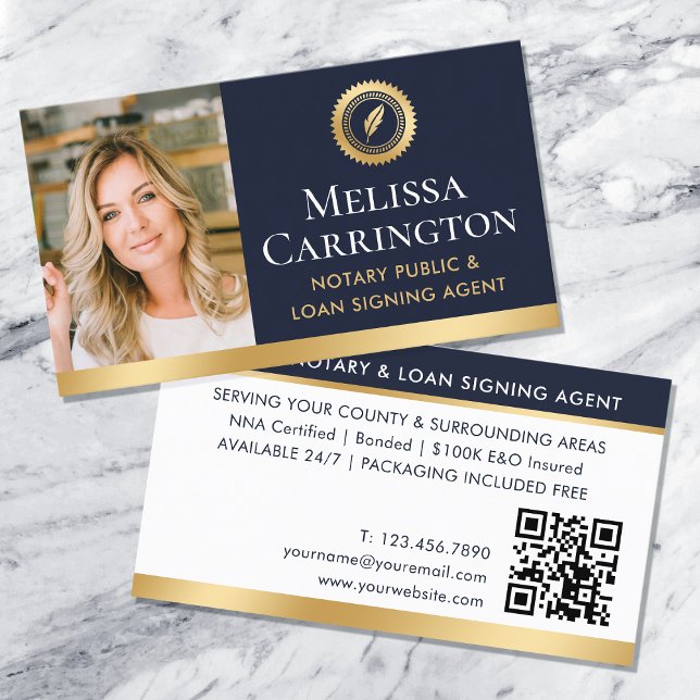 Elegant Notary Public Photo QR Gold Dark Blue Business Card (Creator Uploaded)