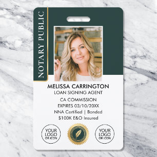 Elegant Notary Public Photo QR Green Gold ID Badge