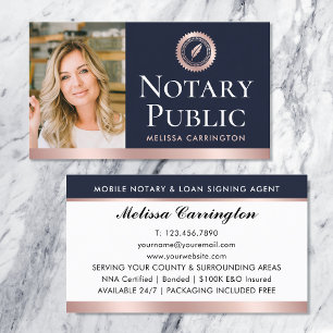 Elegant Notary Public Photo Rose Gold Navy Blue Business Card