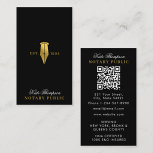 Elegant Notary Signing Agent QR Code Black Gold Business Card