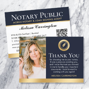 Elegant Notary Thank You Note Photo Dark Blue Gold Business Card