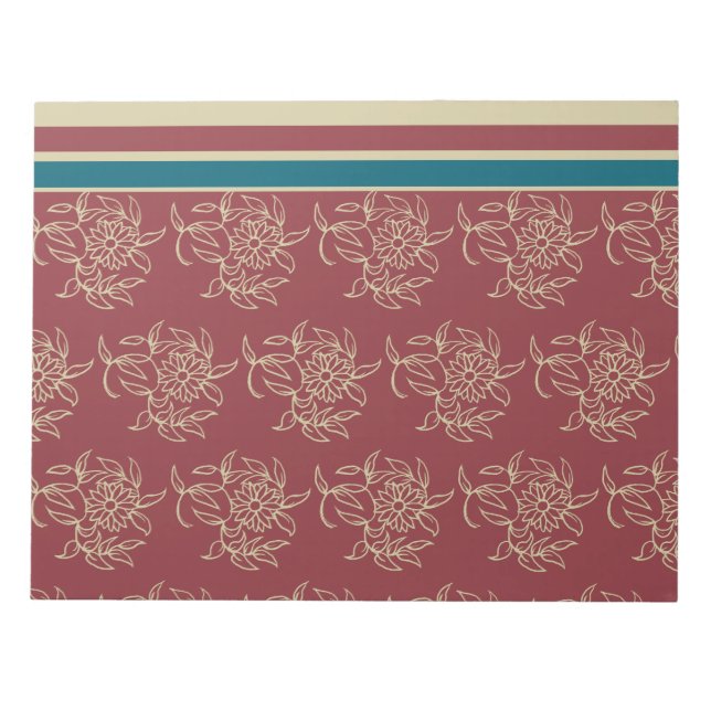 Elegant  Notepad or Jotter, Maroon, Blue Floral (Front)