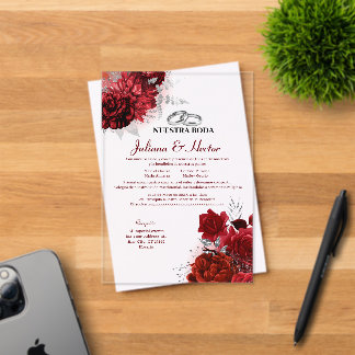 Elegant Nuestra Boda Red Floral Wedding Acrylic Invitations