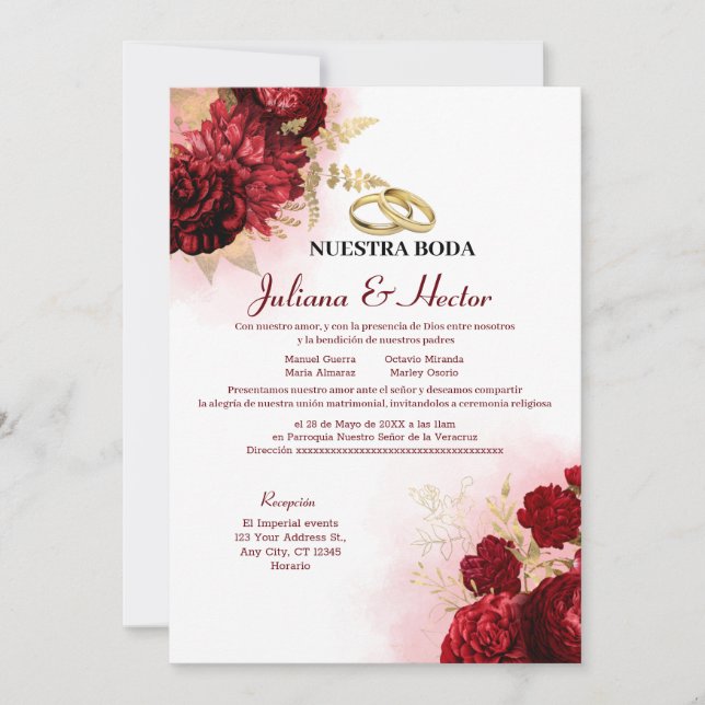 Elegant Nuestra Boda Red Floral Wedding Invitation (Front)