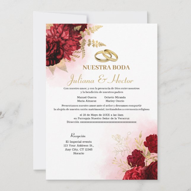 Elegant Nuestra Boda Red Floral Wedding Invitation (Front)
