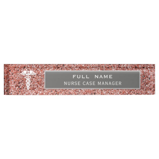 Elegant Nurse Medical Caduceus Rose Gold Glitter Nameplate (Front)