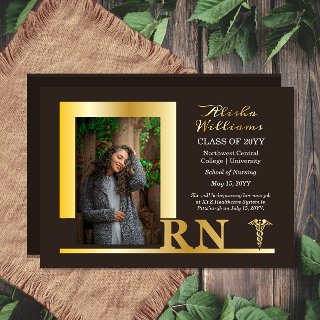 Elegant Nurse RN Caduceus Photo Graduate Brown (Elegant Nurse "RN" Caduceus Photo Nursing School Graduate Brown | Gold Foil Graduation Announcement)